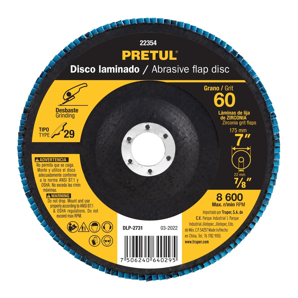 Disco laminado 4-1/2', grano 60 centro 7/8', fibra, PRETUL
