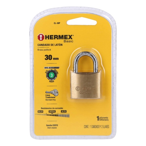 [CL-30P] Candado de latón 30 mm gancho corto en blíster, HERMEX BASIC