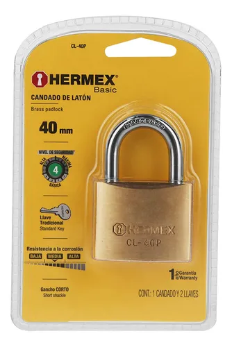 [CL-40P] Candado de latón 40 mm gancho corto en blíster, HERMEX BASIC