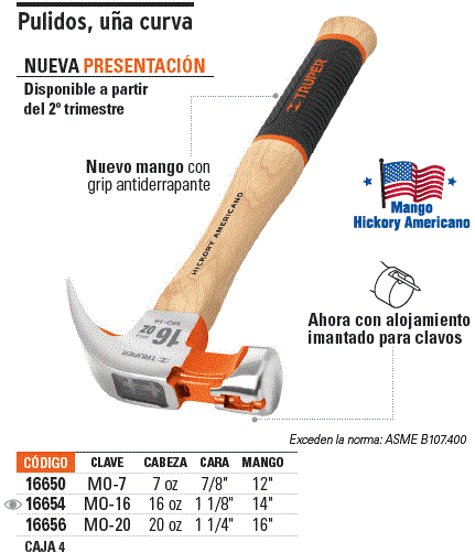 [MO-20] Martillo pulido 20 oz uña curva, mango hickory, Truper Grip