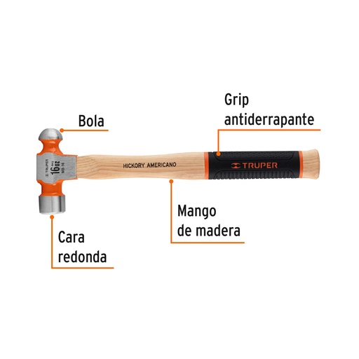 [MB-16] Martillo pulido de bola 16 oz mango hickory, Truper Grip
